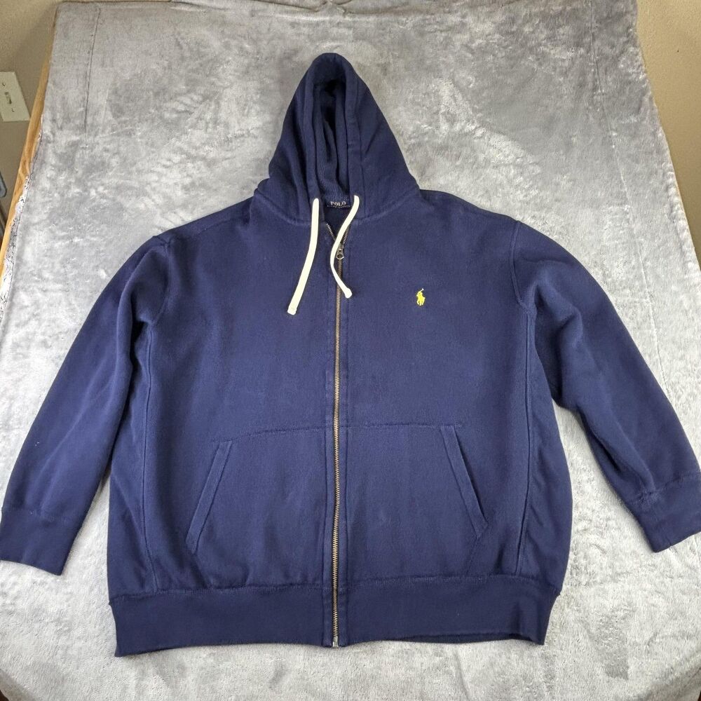 Polo Ralph Lauren Hoodie Mens 3XL Big Navy‎ Full Zip Fleece Yellow Pony Logo